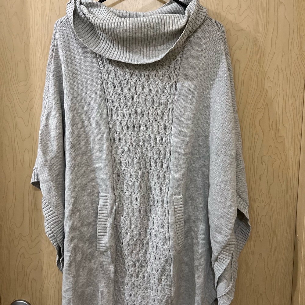 Cozy Gray Knit Poncho with Cowl Neck